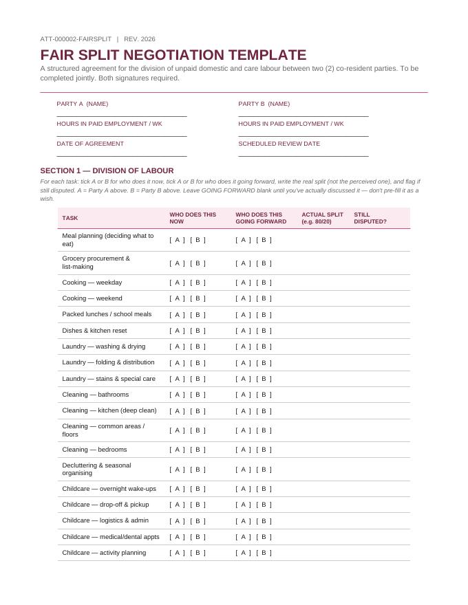 Page of The Fair Split Negotiation Template PDF — page 1